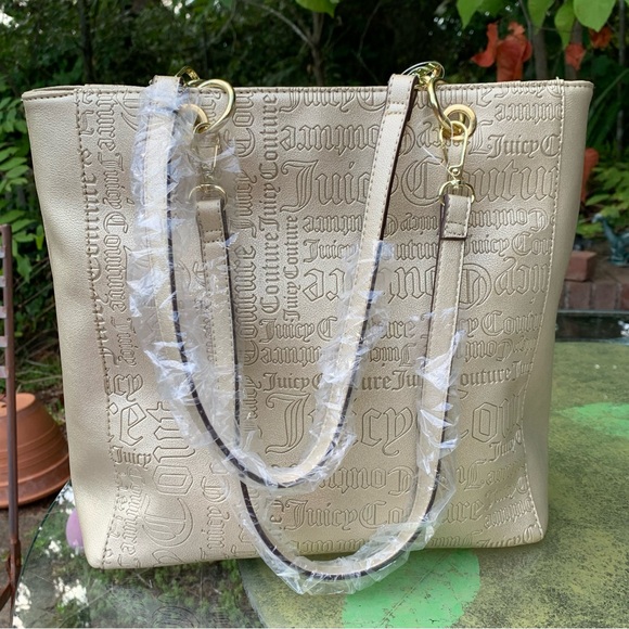 JUICY COUTURE Gold Embossed Word Play TOTE BAG! Neutral Faux Leather Crossbody - Picture 2 of 9
